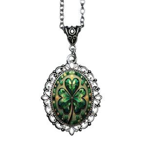 Celtic Four Leaf Clover Pendant Necklace Vintage Silver Oval Charm